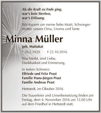 Traueranzeige von Minna Müller von Wochenspiegel Mansfelder Land