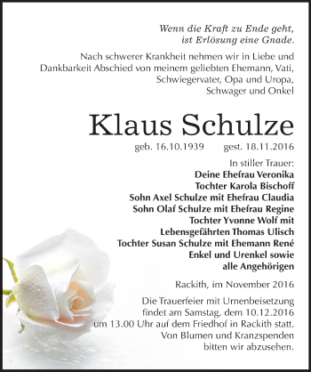 Traueranzeige von Klaus Schulze von Mitteldeutsche Zeitung Wittenberg