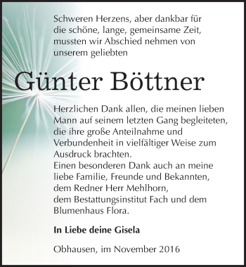Traueranzeige von Günter Böttner von Mitteldeutsche Zeitung Merseburg/Querfurt