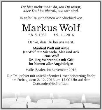 Traueranzeige von Markus Wolf von Mitteldeutsche Zeitung Halle/Saalkreis