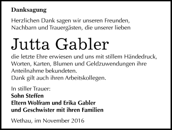 Traueranzeige von Jutta Gabler von Mitteldeutsche Zeitung Naumburg/Nebra