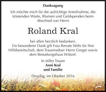 Traueranzeige von Roland Kral von Mitteldeutsche Zeitung Zeitz