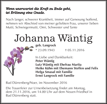Traueranzeige von Johanna  Wäntig von Mitteldeutsche Zeitung Weißenfels