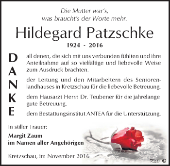 Traueranzeige von Hildegard Patzschke von Mitteldeutsche Zeitung Zeitz