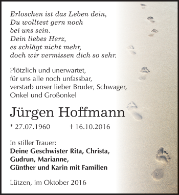 Traueranzeige von Jürgen Hoffmann von Mitteldeutsche Zeitung Weißenfels