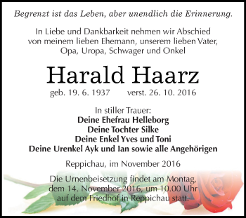 Traueranzeige von Harald Haarz von WVG - Wochenspiegel Dessau / Köthen