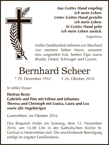 Traueranzeige von Bernhard Scheer von Super Sonntag Aschersleben