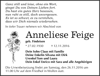 Traueranzeige von Anneliese Feige von Mitteldeutsche Zeitung Bitterfeld