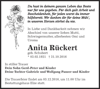 Traueranzeige von Anita Rückert von WVG - Wochenspiegel Dessau / Köthen