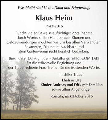 Traueranzeige von Klaus Heim von WVG - Wochenspiegel NMB / WSF / ZTZ