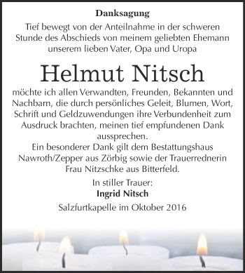 Traueranzeige von Helmut Nitsch von WVG - Wochenspiegel Bitterfeld