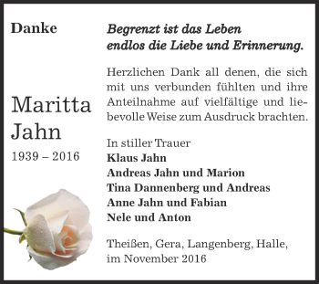 Traueranzeige von Maritta Jahn von Super Sonntag Zeitz
