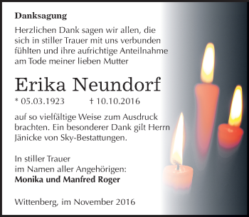 Traueranzeige von Erika Neundorf von Mitteldeutsche Zeitung Wittenberg