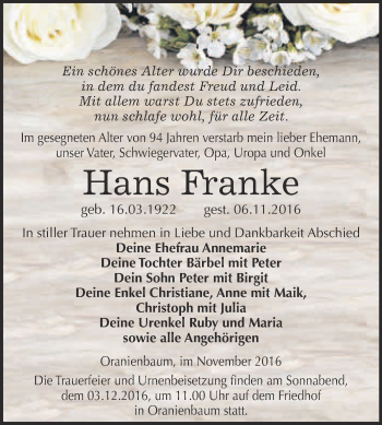 Traueranzeige von Hans Franke von WVG - Wochenspiegel Wittenberg