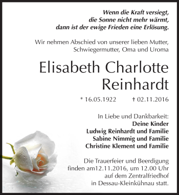 Traueranzeige von Elisabeth Charlotte Reinhardt von Mitteldeutsche Zeitung Dessau-Roßlau