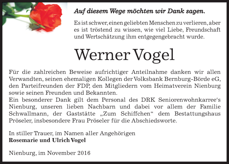  Traueranzeige für Werner Vogel vom 05.11.2016 aus Mitteldeutsche Zeitung Bernburg
