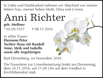 Traueranzeige von Anni Richter von Mitteldeutsche Zeitung Merseburg/Querfurt