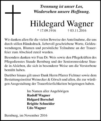 Traueranzeige von Hildegard Wagner von Mitteldeutsche Zeitung Bernburg