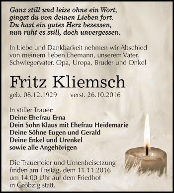 Traueranzeige von Fritz Kliemsch von WVG - Wochenspiegel Dessau / Köthen
