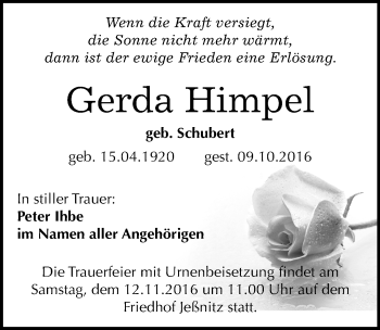 Traueranzeige von Gerda Himpel von Mitteldeutsche Zeitung Bitterfeld