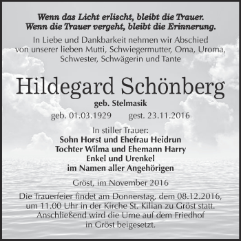 Traueranzeige von Hildegard Schönberg von WVG - Wochenspiegel Merseburg