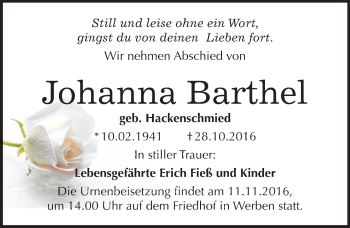 Traueranzeige von Johanna Barthel von Mitteldeutsche Zeitung Bitterfeld
