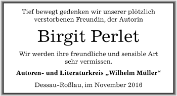 Traueranzeige von Birgit Perlet von Mitteldeutsche Zeitung Dessau-Roßlau