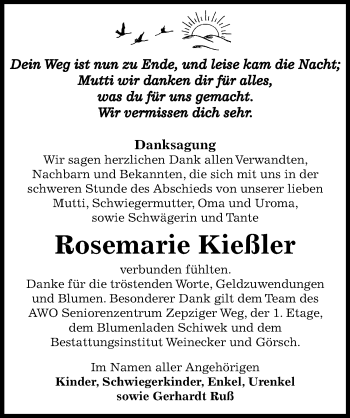 Traueranzeige von Rosemarie Kießler von Mitteldeutsche Zeitung Bernburg