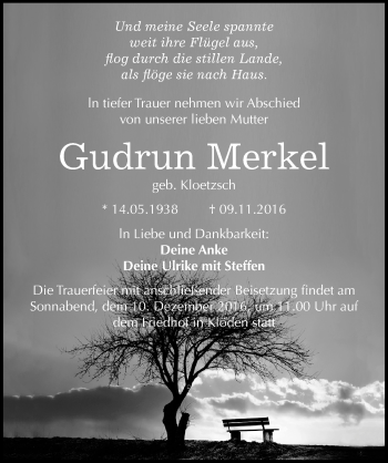 Traueranzeige von Gudrun Merkel von Mitteldeutsche Zeitung Wittenberg