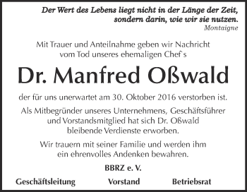 Traueranzeige von Manfred Oßwald von WVG - Wochenspiegel Aschersleben