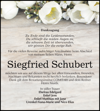 Traueranzeige von Siegfried Schubert von WVG - Wochenspiegel NMB / WSF / ZTZ