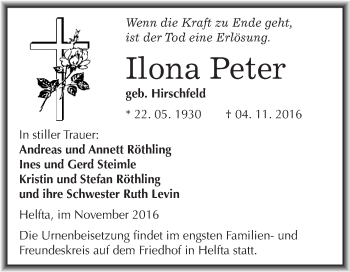Traueranzeige von Ilona Peter von Wochenspiegel Mansfelder Land