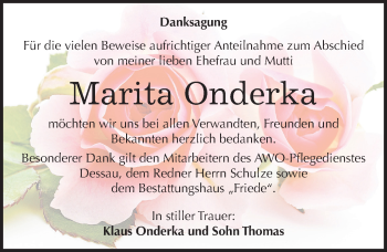 Traueranzeige von Marita Onderka von Mitteldeutsche Zeitung Dessau-Roßlau