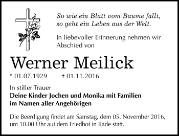 Traueranzeige von Werner Meilick von Mitteldeutsche Zeitung Wittenberg