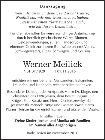 Traueranzeige von Werner Meilick von WVG - Wochenspiegel Wittenberg