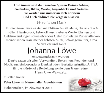 Traueranzeige von Johanna Löwe von WVG - Wochenspiegel NMB / WSF / ZTZ