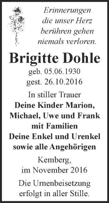 Traueranzeige von Brigitte Dohle von WVG - Wochenspiegel Bitterfeld