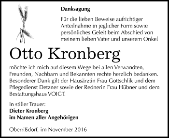 Traueranzeige von Otto Kronberg von Mitteldeutsche Zeitung Mansfelder Land