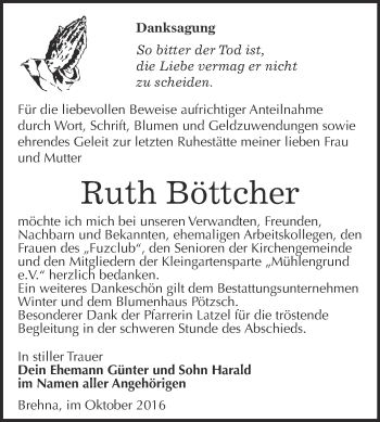 Traueranzeige von Ruth Böttcher von WVG - Wochenspiegel Bitterfeld