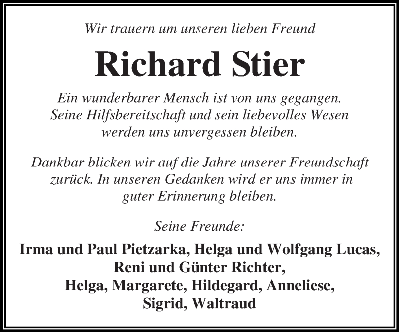  Traueranzeige für Richard Stier vom 19.11.2016 aus WVG - Wochenspiegel Dessau / Köthen