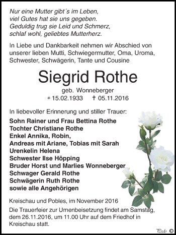 Traueranzeige von Siegrid Rothe von WVG - Wochenspiegel NMB / WSF / ZTZ