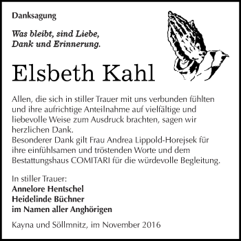 Traueranzeige von Elsbeth Kahl von Super Sonntag Zeitz