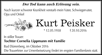 Traueranzeige von Kurt Peisker von Mitteldeutsche Zeitung Merseburg/Querfurt