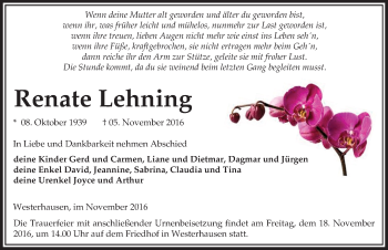 Traueranzeige von Renate Lehning von Mitteldeutsche Zeitung Quedlinburg