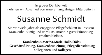 Traueranzeige von Susanne Schmidt von Mitteldeutsche Zeitung Halle/Saalkreis