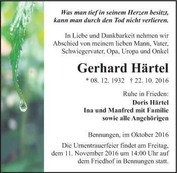 Traueranzeige von Gerhard Härtel von Mitteldeutsche Zeitung Sangerhausen
