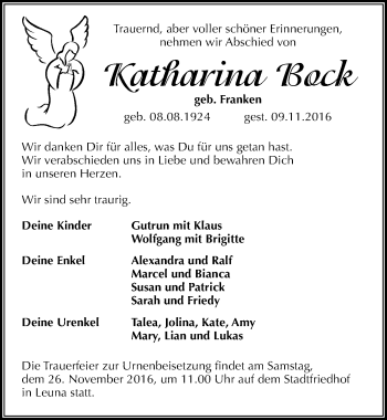 Traueranzeige von Katharina Bock von Mitteldeutsche Zeitung Merseburg/Querfurt