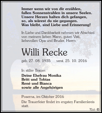 Traueranzeige von Willi Recke von WVG - Wochenspiegel NMB / WSF / ZTZ