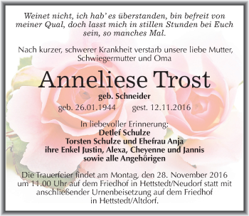 Traueranzeige von Anneliese Trost von Mitteldeutsche Zeitung Mansfelder Land