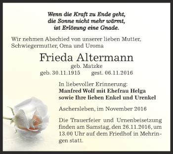Traueranzeige von Frieda Altermann von Super Sonntag Aschersleben